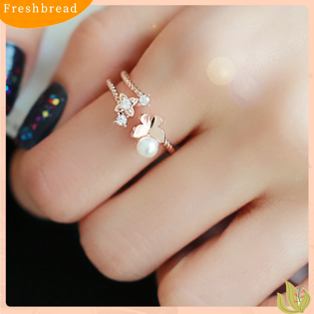 &lt; Freshbread &gt; Wanita Fashion Mutiara Imitasi Berlian Imitasi Bertatahkan Kupu-Kupu Jari Cincin Perhiasan Hadiah
