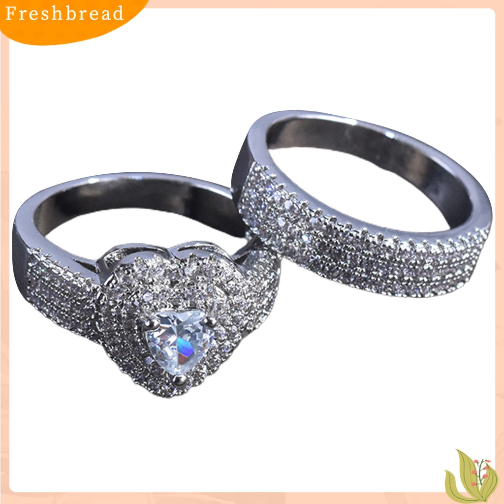 &lt; Freshbread &gt; 2Pcs/Set Cincin Pengantin Berlian Imitasi Mengkilap Mewah Geometris Indah Perhiasan Hadiah Menawan Kekasih Bentuk Hati Janji Cincin Perhiasan Aksesori