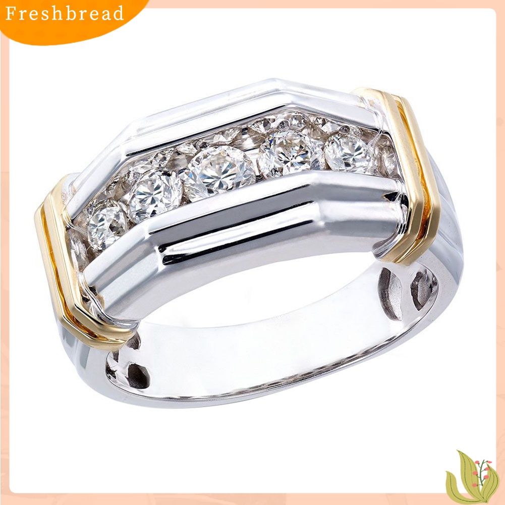 &lt; Freshbread &gt; Fashion Pria Berlian Imitasi Bertatahkan Dua Warna Jari Cincin Hadiah Perhiasan Pesta Pernikahan