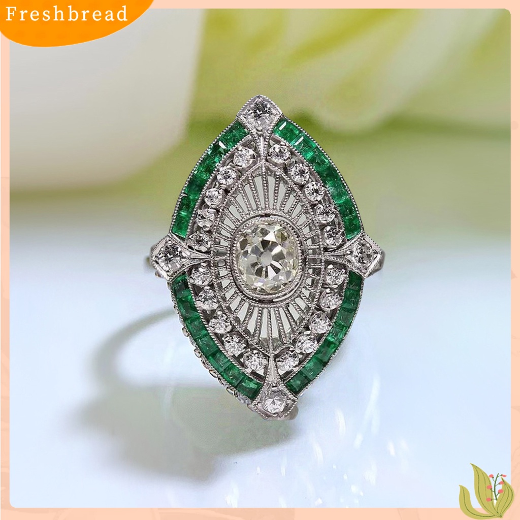 &lt; Freshbread &gt; Wanita Cincin Berlian Imitasi Mengkilap Hias Two-tone Geometri Electroplating Art Deco Hadiah Natural Emerald Faux Gemstone Engagement Wedding Ring Untuk Anniversary