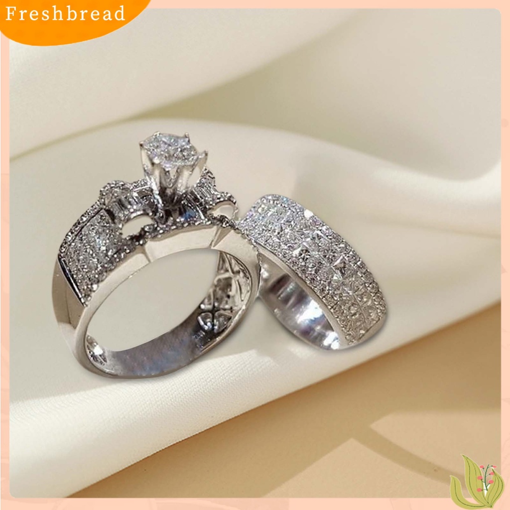 &lt; Freshbread &gt; 2Pcs/Set Lebar Sederhana Cincin Pasangan Paduan Bertatahkan Berlian Imitasi Bersinar Pernikahan Band Perhiasan Fashion