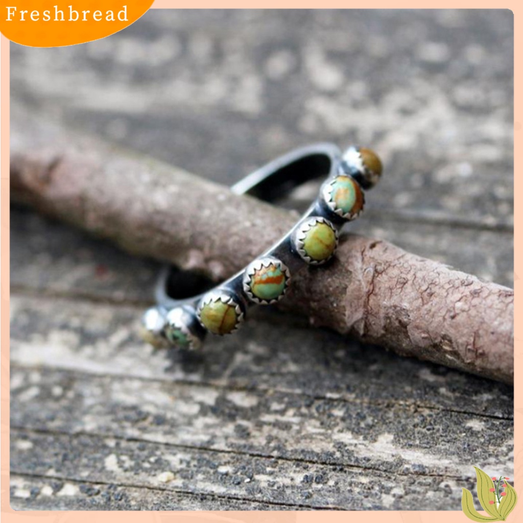 &lt; Freshbread &gt; Retro Gaya Etnik Turquoise Bulat Kecil Beads Cincin Wanita Perhiasan Aksesoris