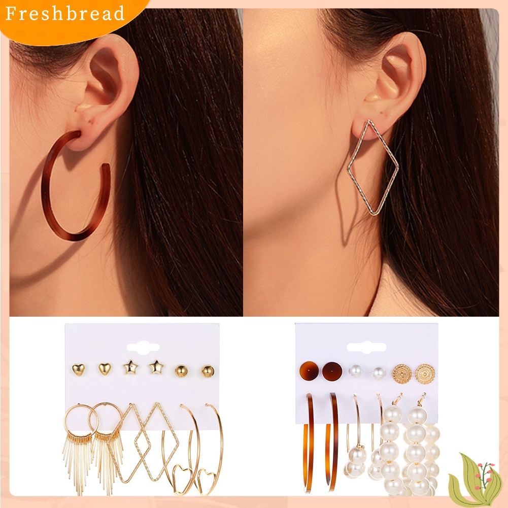 &lt; Freshbread &gt; 6pasang Wanita Mutiara Imitasi Bulat Geometris Menjuntai Ear Stud Hoop Earrings Jewelry