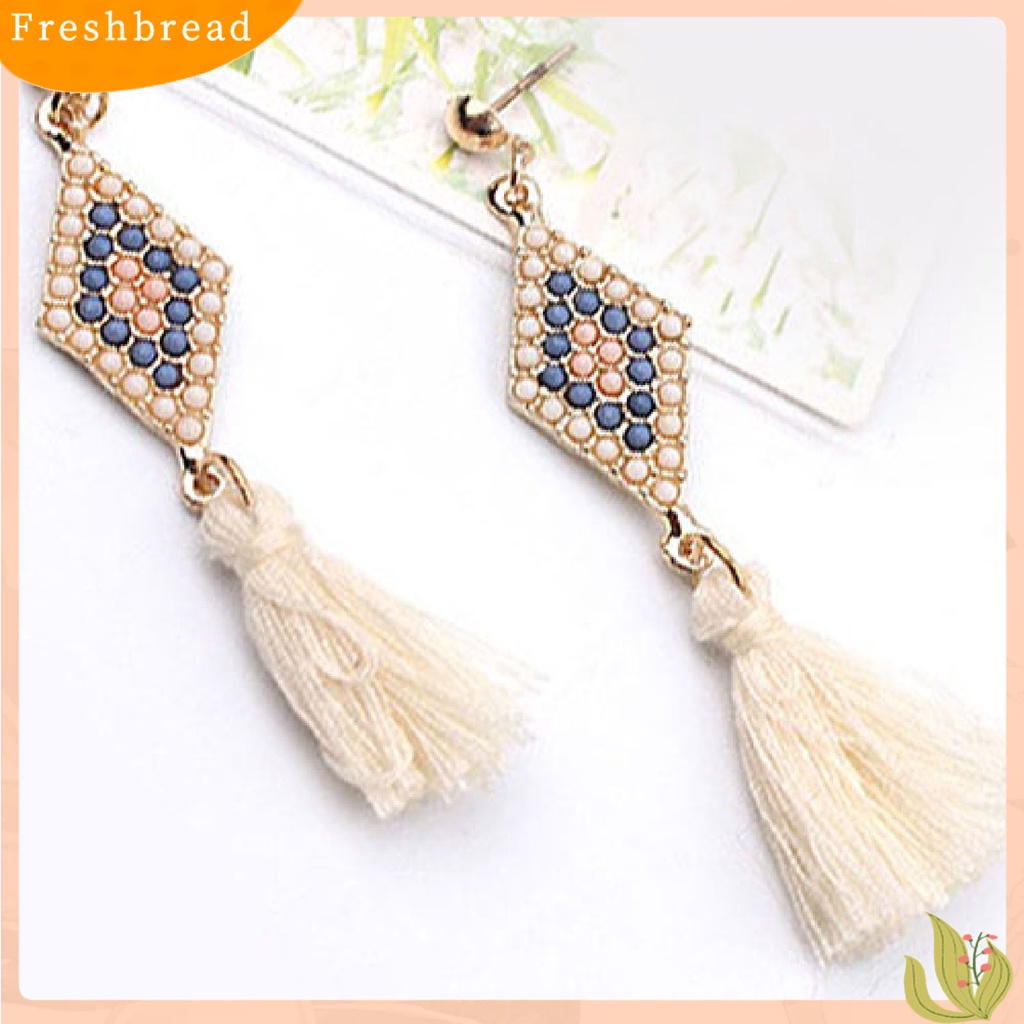 &lt; Freshbread &gt; 1pasang Ear Studs Gaya Folk Elegan Bentuk Rhombic Thread Fringed Earrings Untuk Hadiah