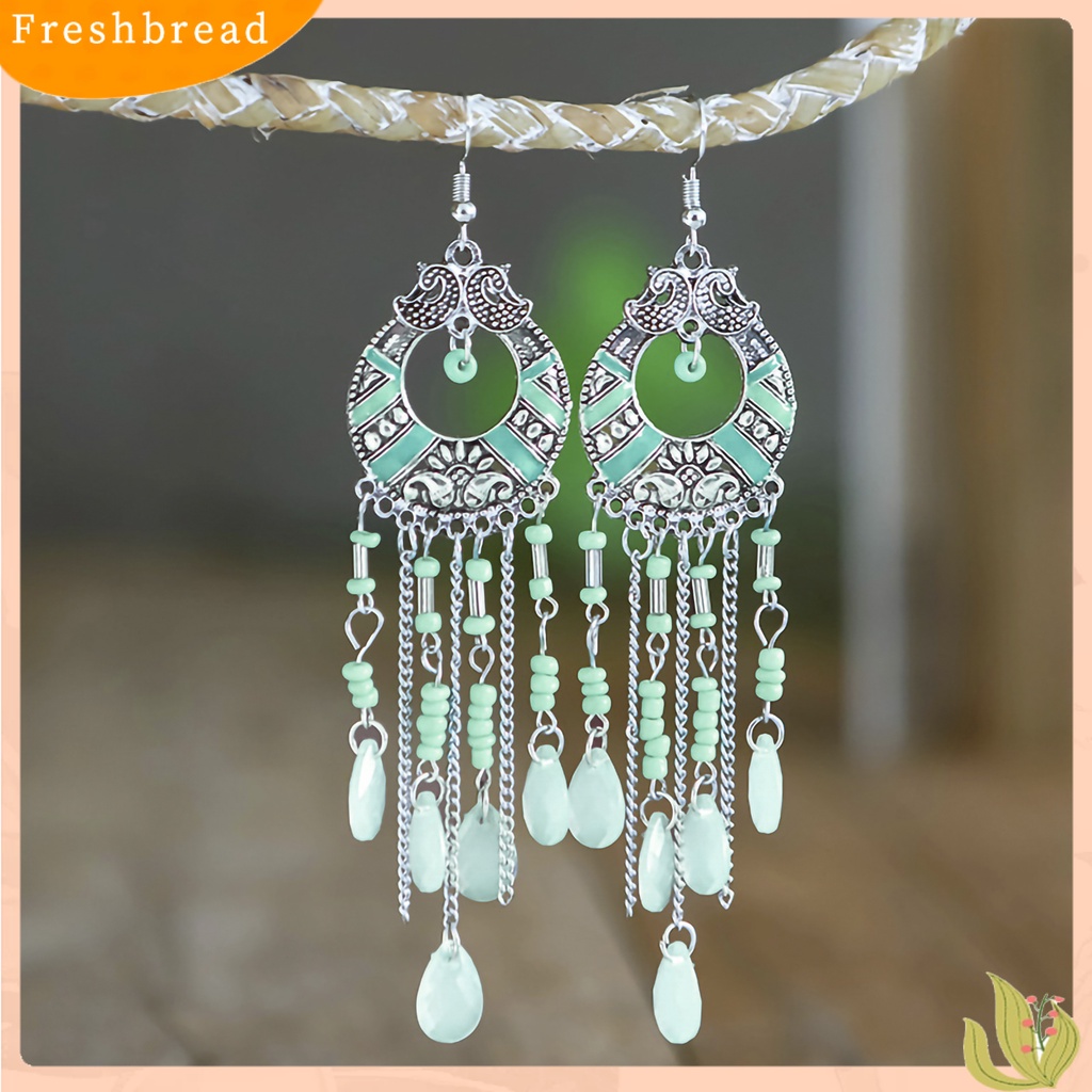 &lt; Freshbread &gt; 1pasang Gaya Etnik Pola Retro Drop Earrings Berlian Imitasi Bohemian Berongga Rumbai Kait Anting Perhiasan Pesta