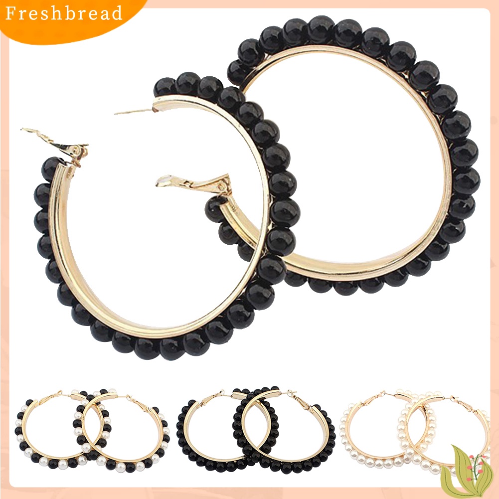 &lt; Freshbread &gt; Fashion Wanita Mutiara Imitasi Hias Lingkaran Besar Pernyataan Hoop Earrings Jewelry