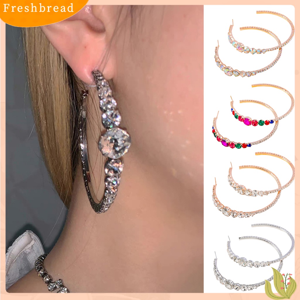 &lt; Freshbread &gt; 1pasang Anting Hoop Lingkaran Besar Tidak Alergi Electroplating Berlian Imitasi Mengkilap Hias Dekorasi Nickle Gratis Perhiasan Pesta Anting Hoops Wanita Hadiah