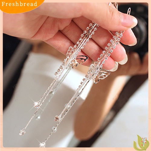 &lt; Freshbread &gt; Wanita Berongga Kupu-Kupu Berlian Imitasi Jumbai Panjang Rantai Kait Menjuntai Anting Linear