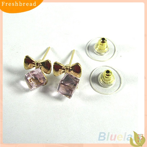 &lt; Freshbread &gt; Wanita Kilau Chic Ikatan Simpul Shiny Cube Berlian Imitasi Ear Studs Lucu Menjuntai Anting-Anting