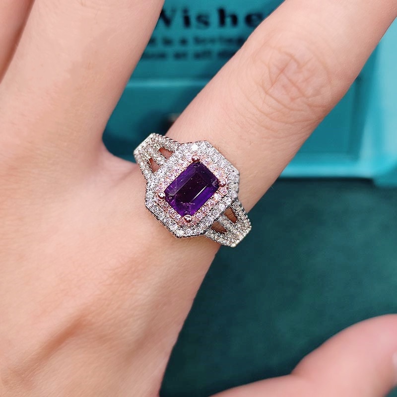 Goldkingdom Fashion Perhiasan Aksesoris Ready Stock Alami Olivine Cincin Wanita Natural Amethyst Emerald Cut Two Tone Open Ended Colored Treasure Ring