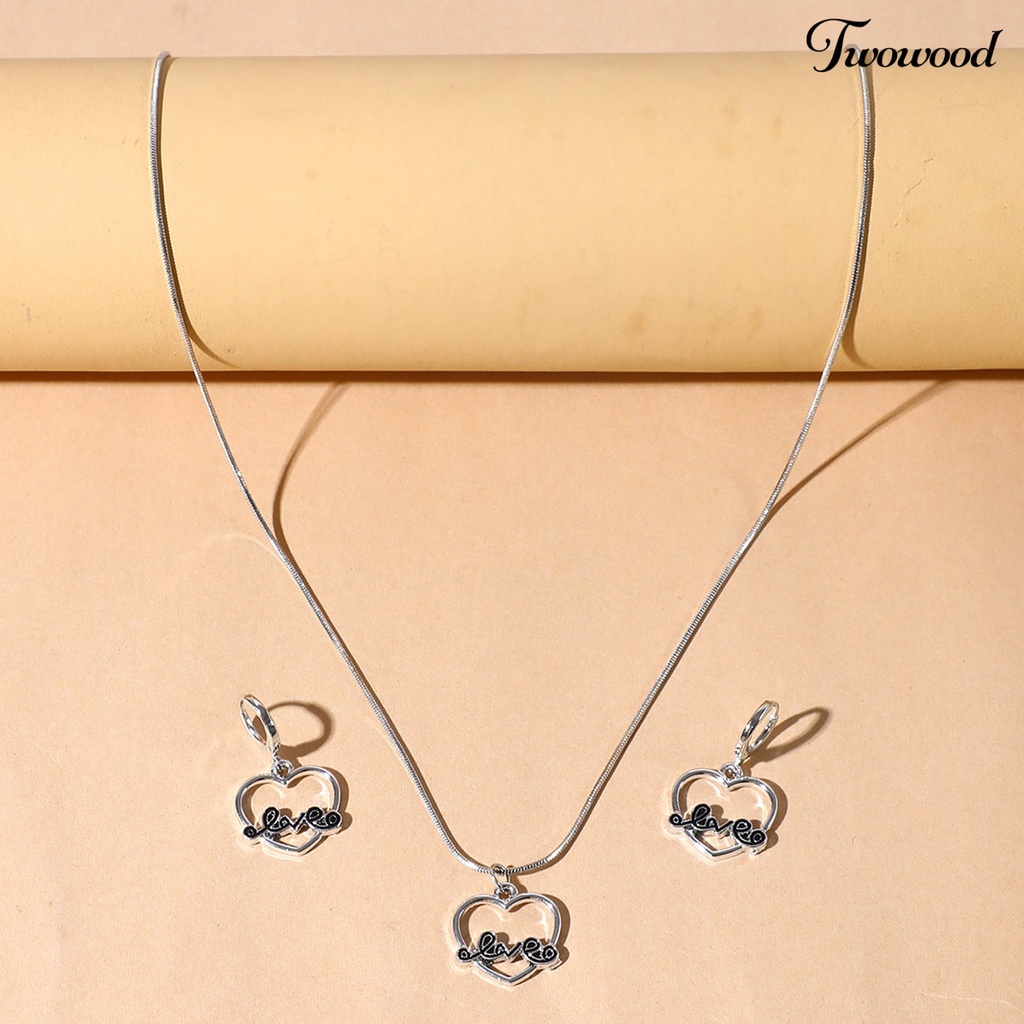 Twowood Set Kalung Eye-catching Bahan Alloy Pengerjaan Halus Bentuk Hati Cincin Telinga Menjuntai Set Untuk Harian