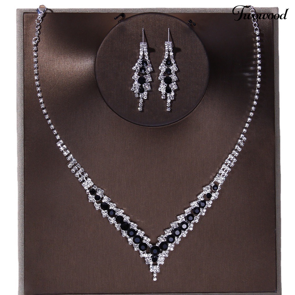 Twowood 1set Kalung Pengantin Elegan Dainty Temperamen Mulia Berkilau Berwarna Berlian Imitasi Menjuntai Anting Kit Pernikahan Perhiasan