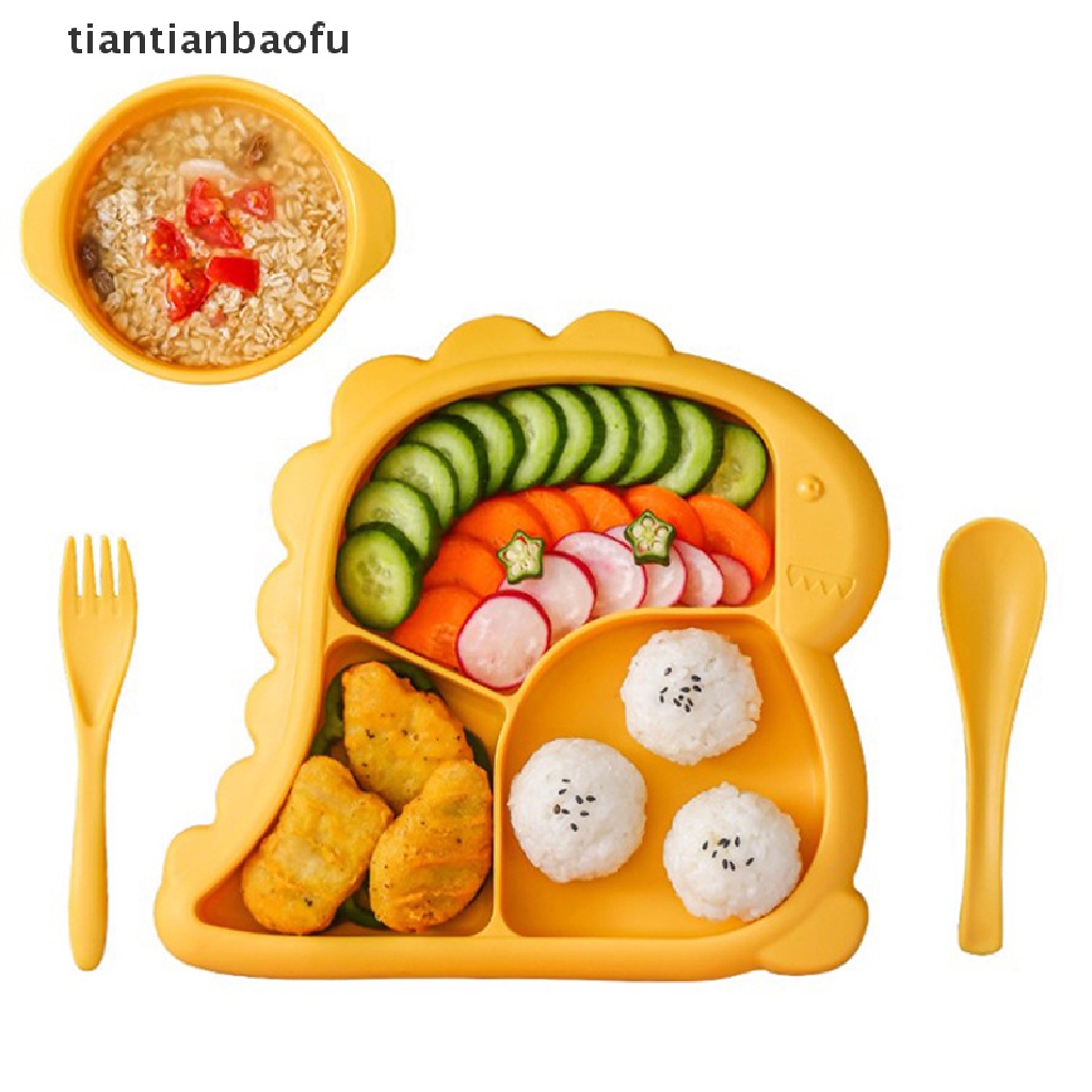 [tiantianbaofu] 4pcs/set Peralatan Makan Bayi Dinosaurus Anak Piring Makan Grid Piring Makan Butik