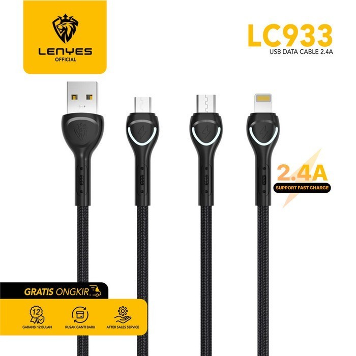 Kabel Data Fast Charging LENYES LC933 2.4A Universal LED Light - MICRO USB, Hitam casan