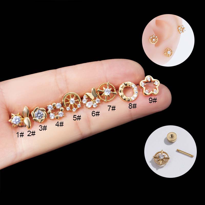 1biji Berongga Bunga Tulang Rawan Tragus Helix Anting Sekrup Ganda Stainless Steel Barbel Lobe Piercing 20Gauge