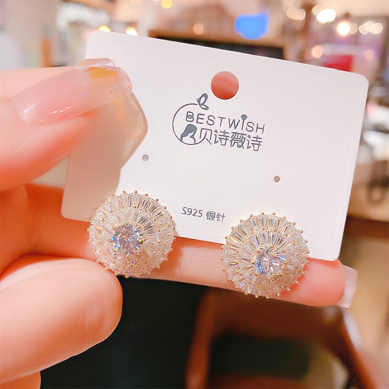 Anting Kristal Bunga Matahari Bergaya Dan Elegan Multi-diamond Flower Stud Earrings Wanita Anting Pin Perak Serbaguna