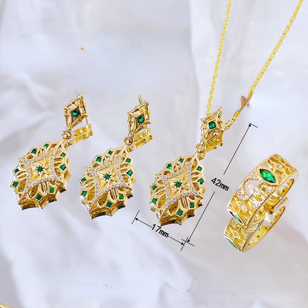 Goldkingdom Fashion Perhiasan Aksesoris Ready Stock Kerajinan Itali Anyaman Terukir Emas Kalung Wanita Empat Daun Semanggi Anting Vintage Pengadilan Terinspirasi Zamrud Pembukaan Cincin