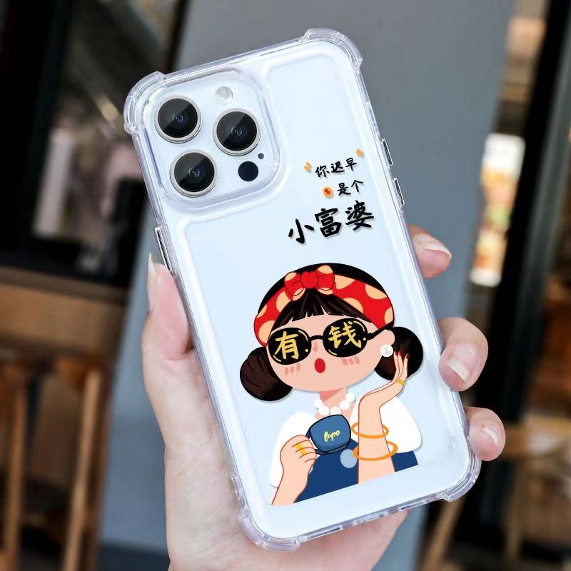 IPHONE Rich Lady Soft Shockproof Case Kompatibel Untuk Iphone11 14 13 12 Pro XS Max X XR 7 +8 6 6S Plus Casing Transparan TPU Unik Tombol Penutup Kamera Perlindungan