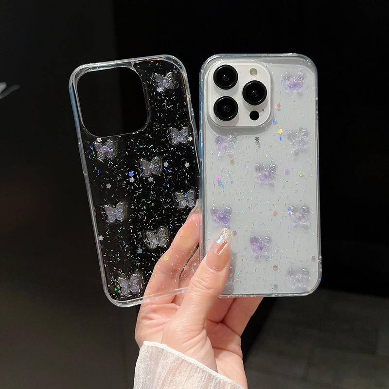 Casing 3D Butterfly Glitter Bening Lucu Untuk iPhone 14 13 12 11 Pro MAX Plus Mini Bersinar Transparan Shockproof Cover Untuk iPhone X XS MAX XR 7 8 Plus SE 2022 2020 14Plus 13Mini 12Mini