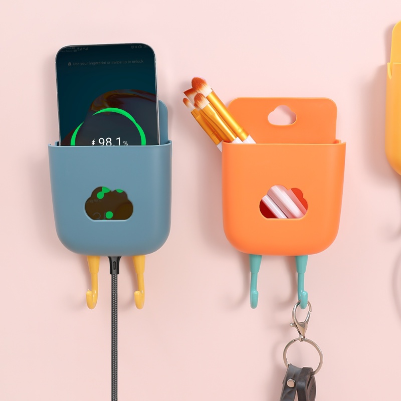 Punch Free Kotak Penyimpanan Multifungsi Dengan Holder Ponsel Yang Dipasang Di Dinding Phone Holder Dengan Hook Self-adhesive Charging Stand TV Remote Control Organizer Hemat Ruang