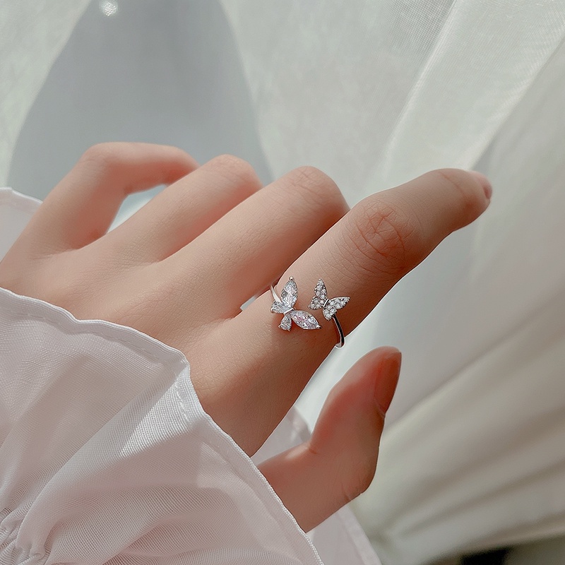 Cincin Perak925 opening design flash diamond zircon butterfly ring lady korea