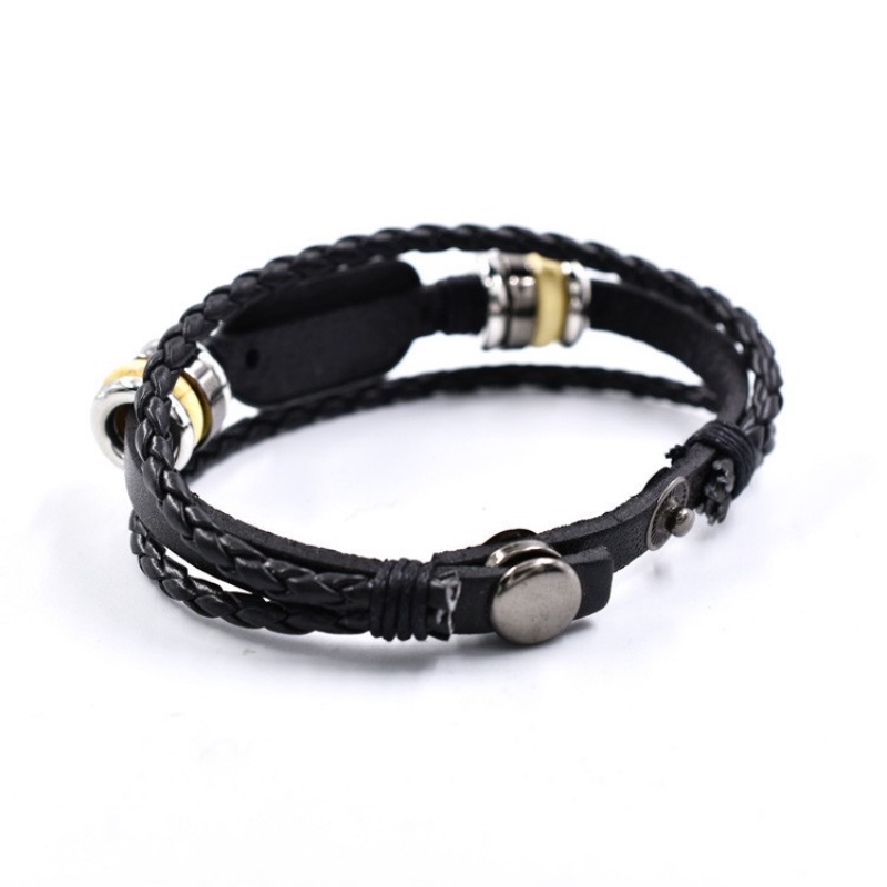 [X C Gelang] Baru Doa Allah Gelang Hitam Kulit Vintage Hip Hop Punk Gelang Kulit Lengan Manik-Manik Multilayer Zinc Alloy Anyaman Gelang