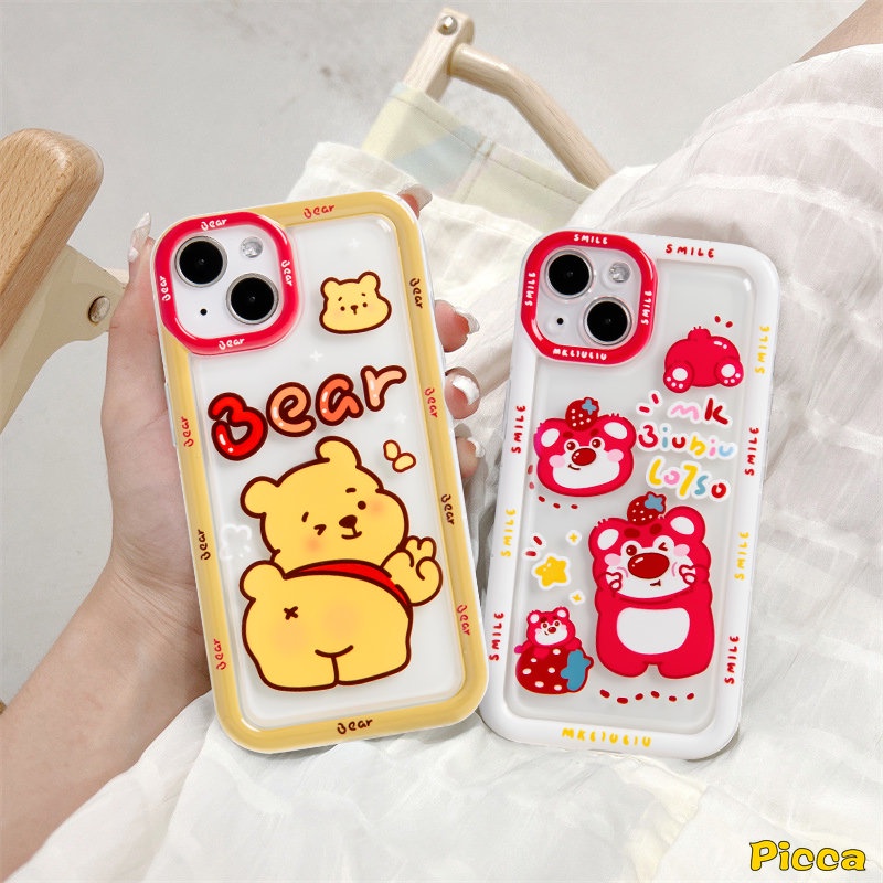 IPHONE Kartun Winnie the Pooh Couple Case Kompatibel Untuk Iphone7 8 Plus XR 11 14 13 12 Pro Max X XS Max6 8 7 6s Plus SE 2020 Cute Strawberry Bear Manyo Lembut Tpu Airbag Shockproof Cover