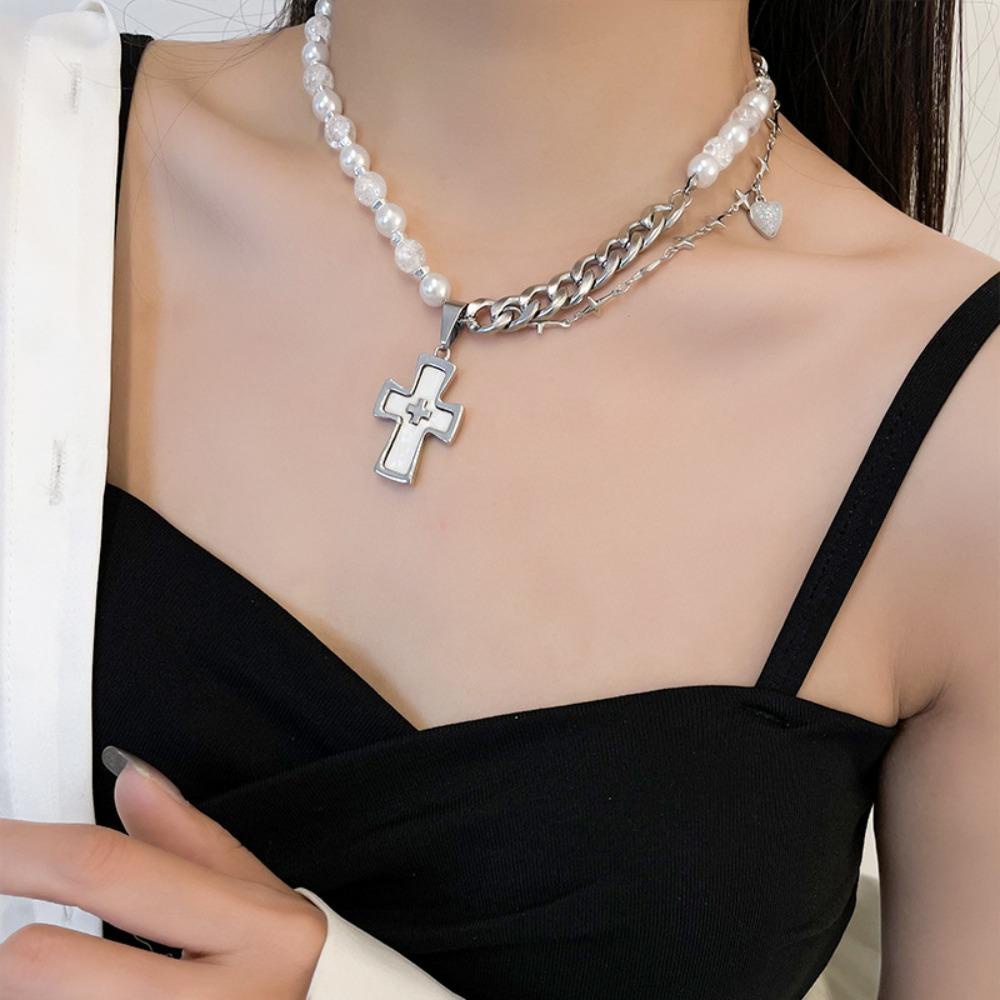 Mxbeauty Wanita Kalung Salib Elegan Peri Y2k Choker Kreatif Kuba Rantai Baja Titanium Double Layer Choker