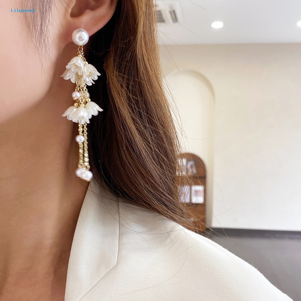 Lilyscent 1pasang Burrs-free Tassel Earrings Untuk Pacaran Lady Elegan Rantai Panjang Rumbai Anting Bunga Liontin