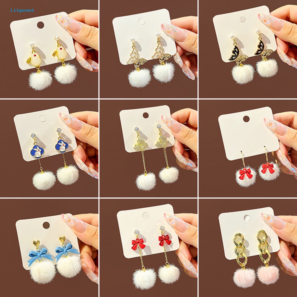 Lilyscent 1pasang Anting Drop Gaya Korea Untuk Pacaran Kartun Kelinci Bulu Bola Telinga Studs Ikatan Simpul