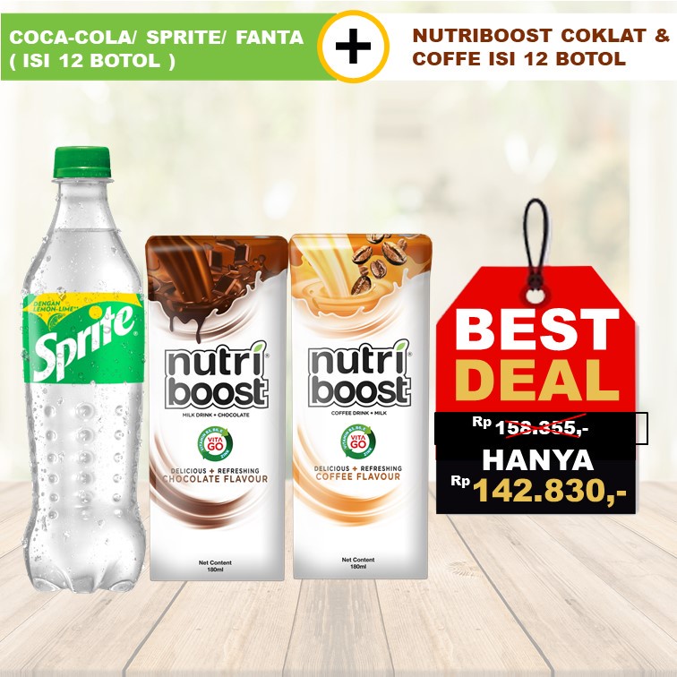 

PROMO PAKET COCA-COLA/SPRITE/FANTA 390ML DAN NUTRIBOOST ISI 24 KOTAK