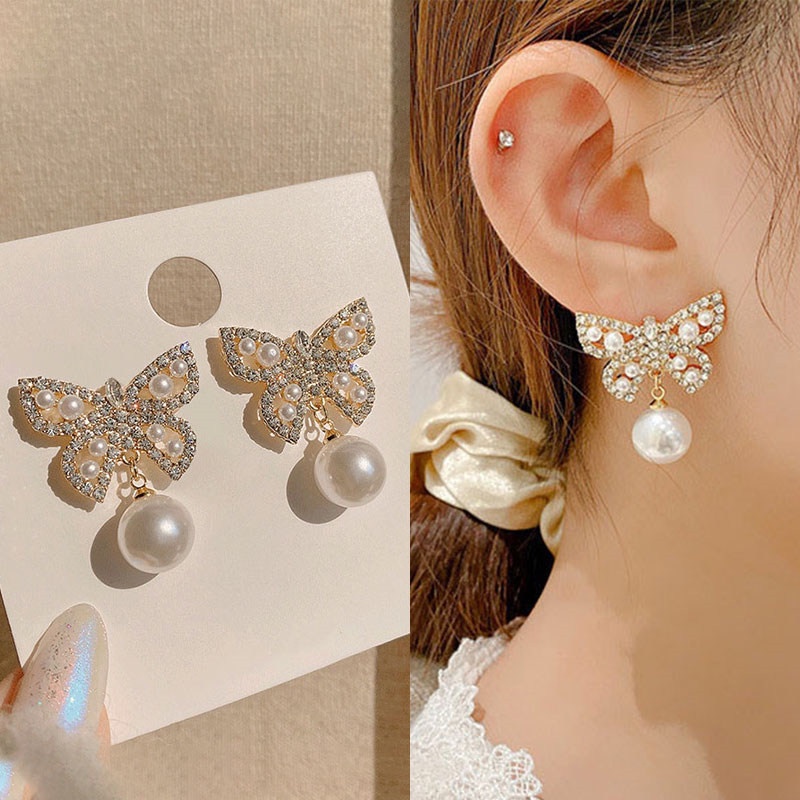 Anting Busur Berlebihan Unik Bunga Mutiara Elegan Prancis