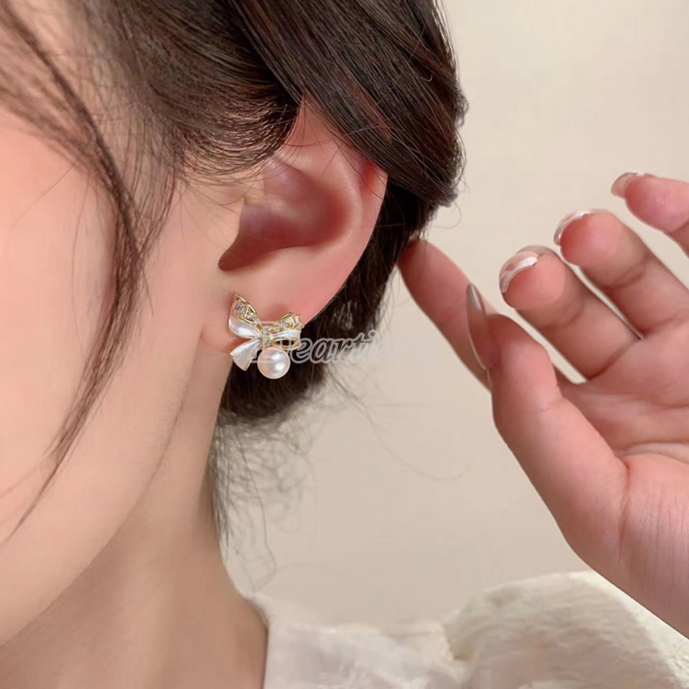 Temperamen Anting Busur Mutiara Manis Kecil Dan Indah Micro Set Zirkon Anting Fashion Anting Serbaguna