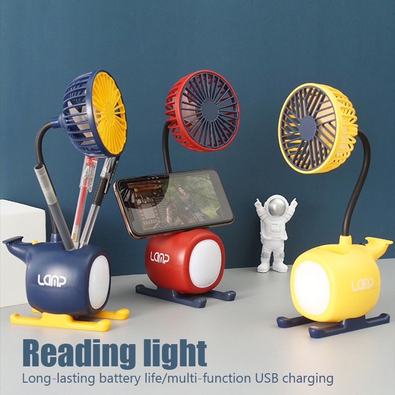 ღ Kartun Little Pesawat Fan Lampu Usb Pengisian Lipat Led Malam Lampu Mahasiswa Pena Pemegang Membaca Buku Cahaya Kecil Cute pendingin Ventilador