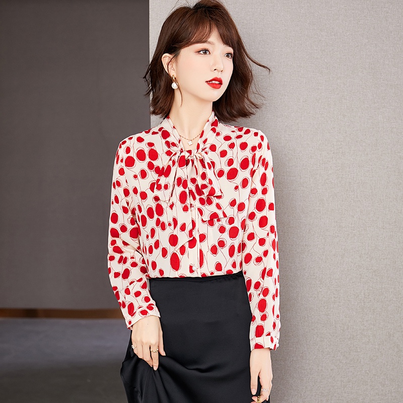 High Quality Fabric Fashion Korean Style Bow Tie Blouse for Women Long Sleeve Blouses Work Casual Blus Lengan Panjang Wanita