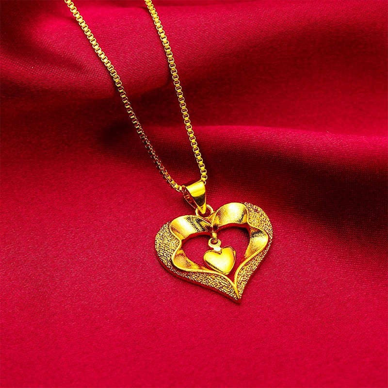 Goldkingdom Perhiasan Fashion 24K Bangkok Aksesoris Ready Stock Cinta Wanita Kalung Kotak Rantai Melubangi Liontin Hati Lucu