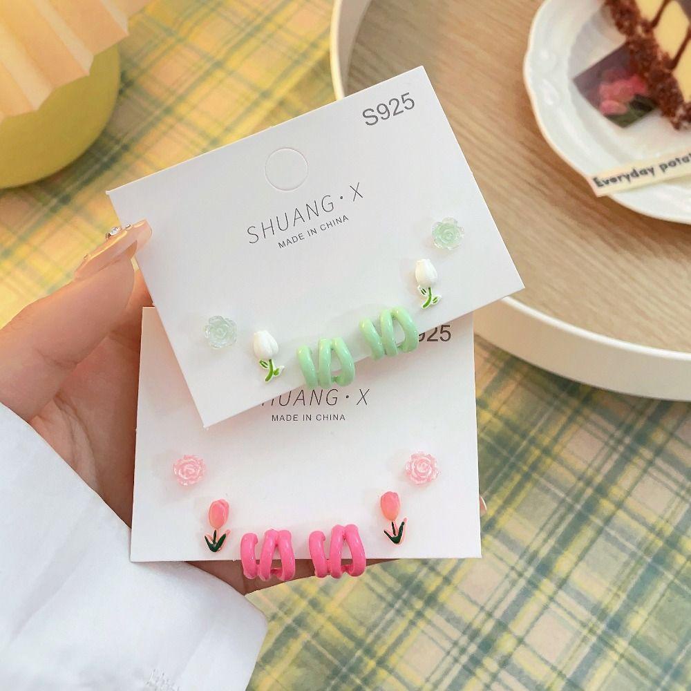 Needway Anting Perempuan set Lucu Retro 3pasang /set Hadiah Trendi Bunga Elegan Musim Semi Fashion Perhiasan