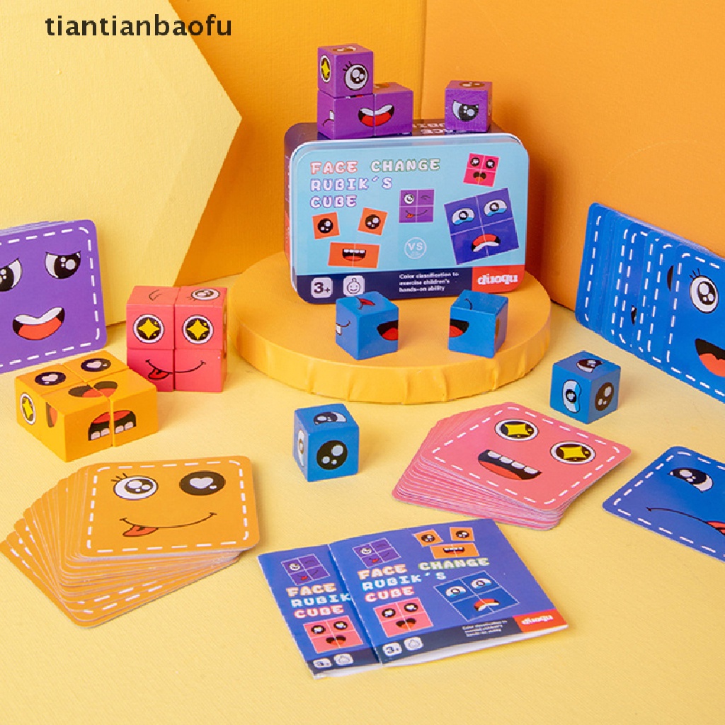 [tiantianbaofu] Emosi Wajah Mengubah Blok Ekspresi Kayu Mainan Puzzle Anak Cube Table Game Belajar Montessori Mainan Edukasi Anak Butik