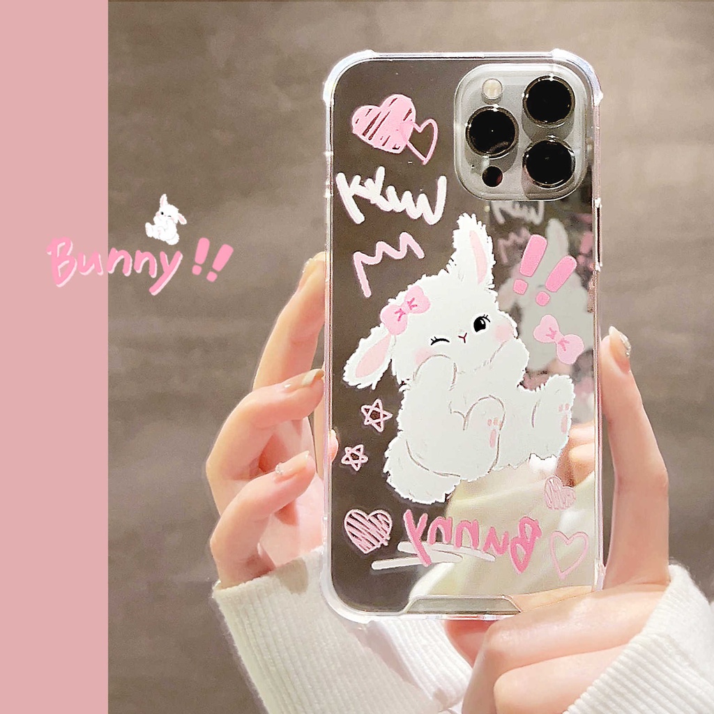 Ins Lucu Kelinci Putih Kartun Make Up Cermin Transparan Case Untuk Iphone SE 2020 7 /8 Plus 14x XR XM 11 12 MINI 13 PRO MAX Casing Cover Pelindung AT0188