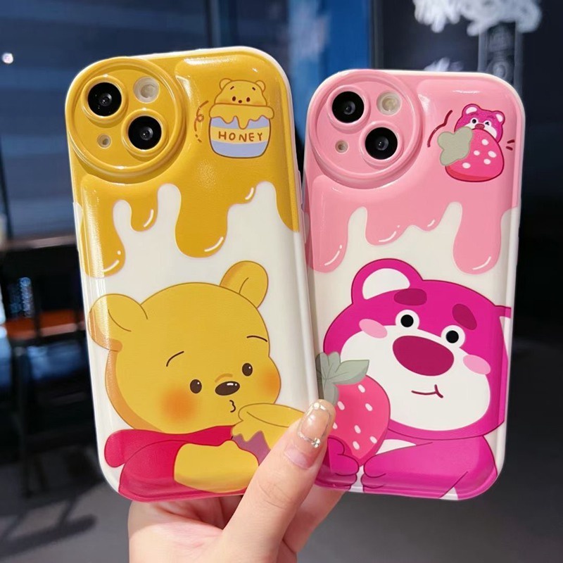 Cute Airbag Soft Case for IPhone 6S 7 8 Plus XR XS Max IPhone 11 12 13 14 Pro Max 14 Plus 7+ 8+ Cream Strawberry Bear Winnie The Bear Cartoon for Women Girl Missconnie Casing HP IPHONE 11 PRO MAX