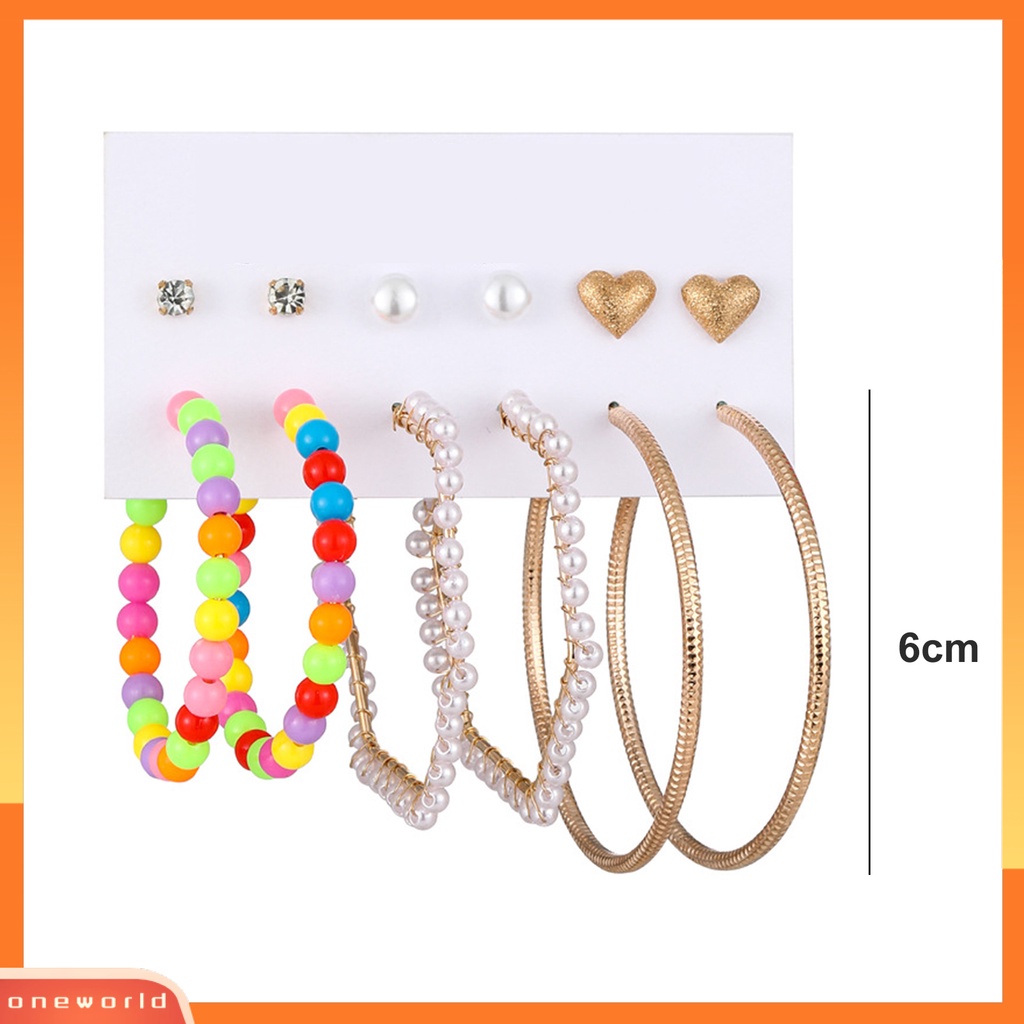 [EONE] 6pasang Wanita Anting Multicolor Mini Beads Rhinestones Bertatahkan Alloy Perhiasan Temperamen Telinga Dekorasi Geometris Hoop Earrings Studs Set Aksesoris Pakaian Pesta