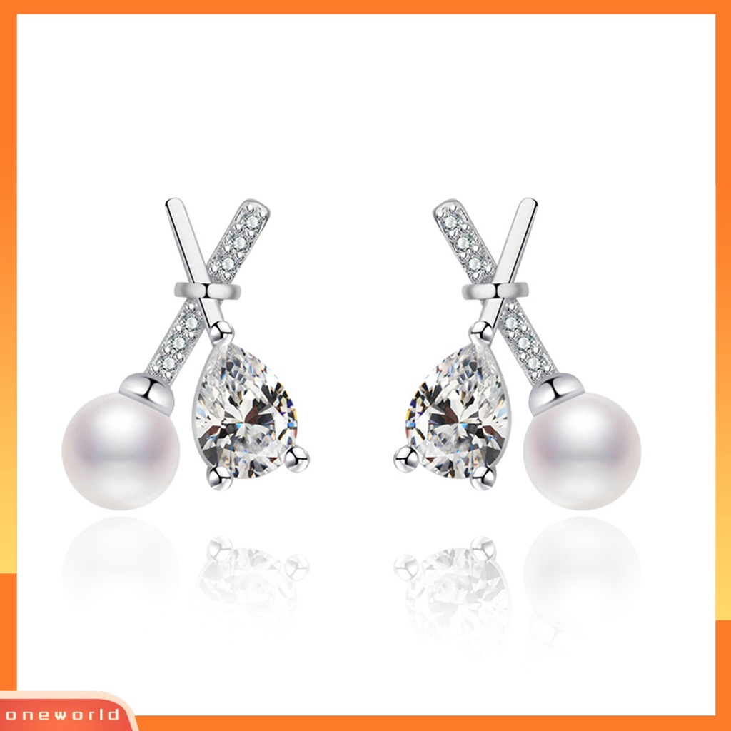 [EONE] 1pasang Ear Studs X Shaped Shining French Style Berlian Imitasi Hias Dekorasi High Gloss Tidak Teratur Faux Zircon Pearl Women Earrings Untuk Pesta