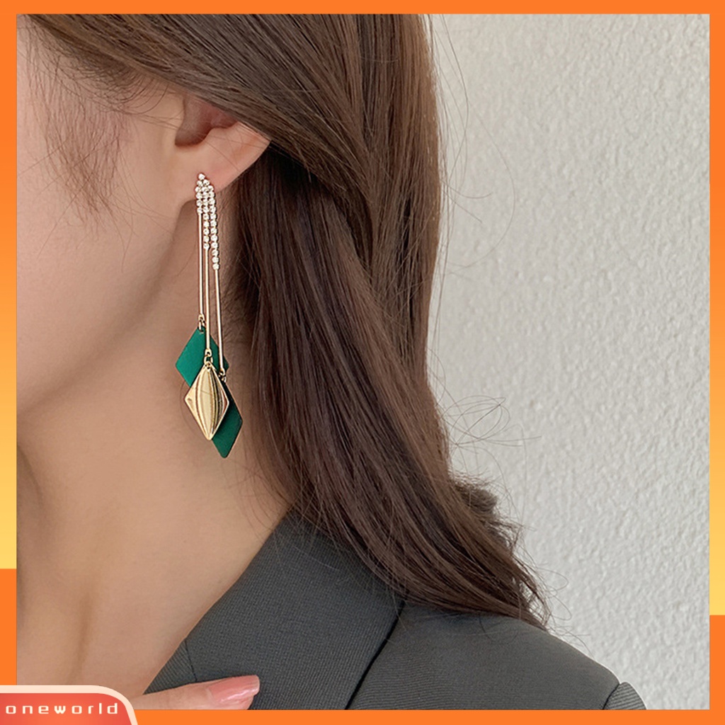 [EONE] 1pasang Liontin Anting Bohemian Geometris Berlebihan Warna Kontras Belah Ketupat Hias Berlian Imitasi Rumbai Anting Perhiasan Aksesori