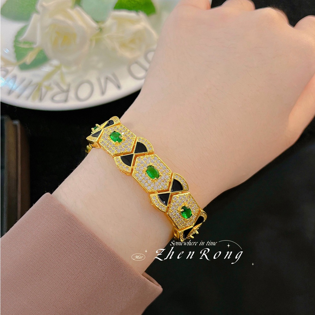 Goldkingdom Aksesoris Perhiasan Fashion Ready Stock Perancis Modern Mulia Zamrud Berlian Cat Hitam Perhiasan Abad Pertengahan Gelang Perempuan