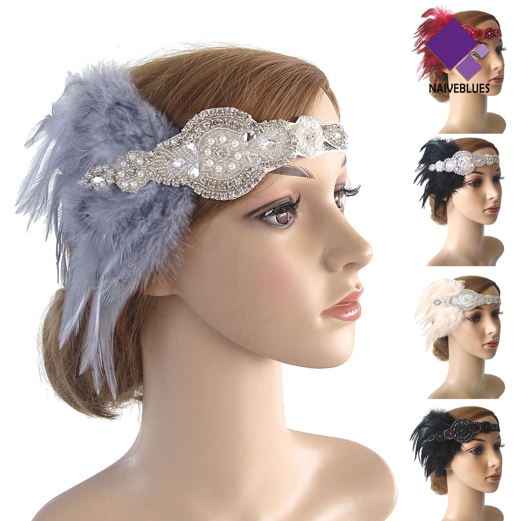 &lt; Naiveblues &gt; Wanita Flapper Bando Mutiara Imitasi Bulu Jumbai Vintage Pengantin Flapper Prom Pesta Aksesoris Rambut