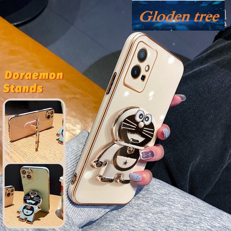 Gloden tree Casing Untuk vivo Y77 Y77E Y75 5g Y55 5g iqoo z6 Lite 5g Case Fashion Kartun Doraemon Stand Lipat Casing Ponsel Electroplating Shockproof Phone Holder Case