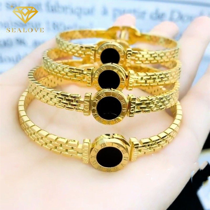 Gelang titanium Wanita Anti Karat Bulat Hitam Romawi Emas 18K Bangle Aksesoris Mewah Korean Style COD