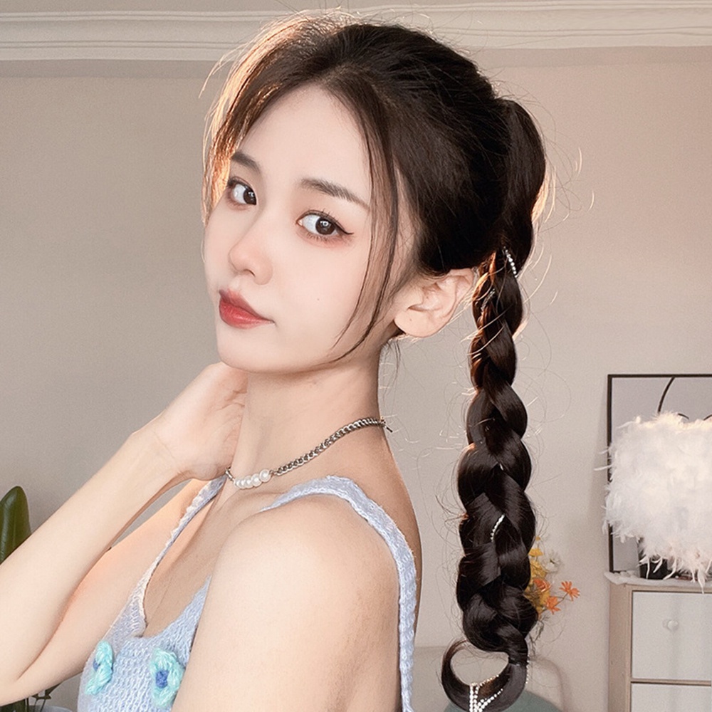 Gelembung Alami Tinju Ponytail Mutiara Kepang Wig Gadis Pedas Tulang Ikan Twist Rambut Ekstensi 50CM