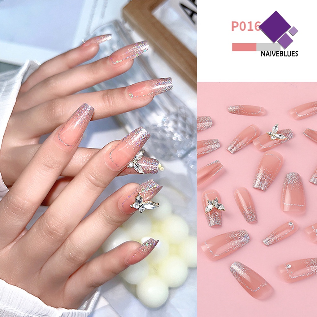 [naiveblues] 24pcs Kuku Palsu Dengan Lem Gaya Perancis Mudah Dipakai DIY Nail Full Cover