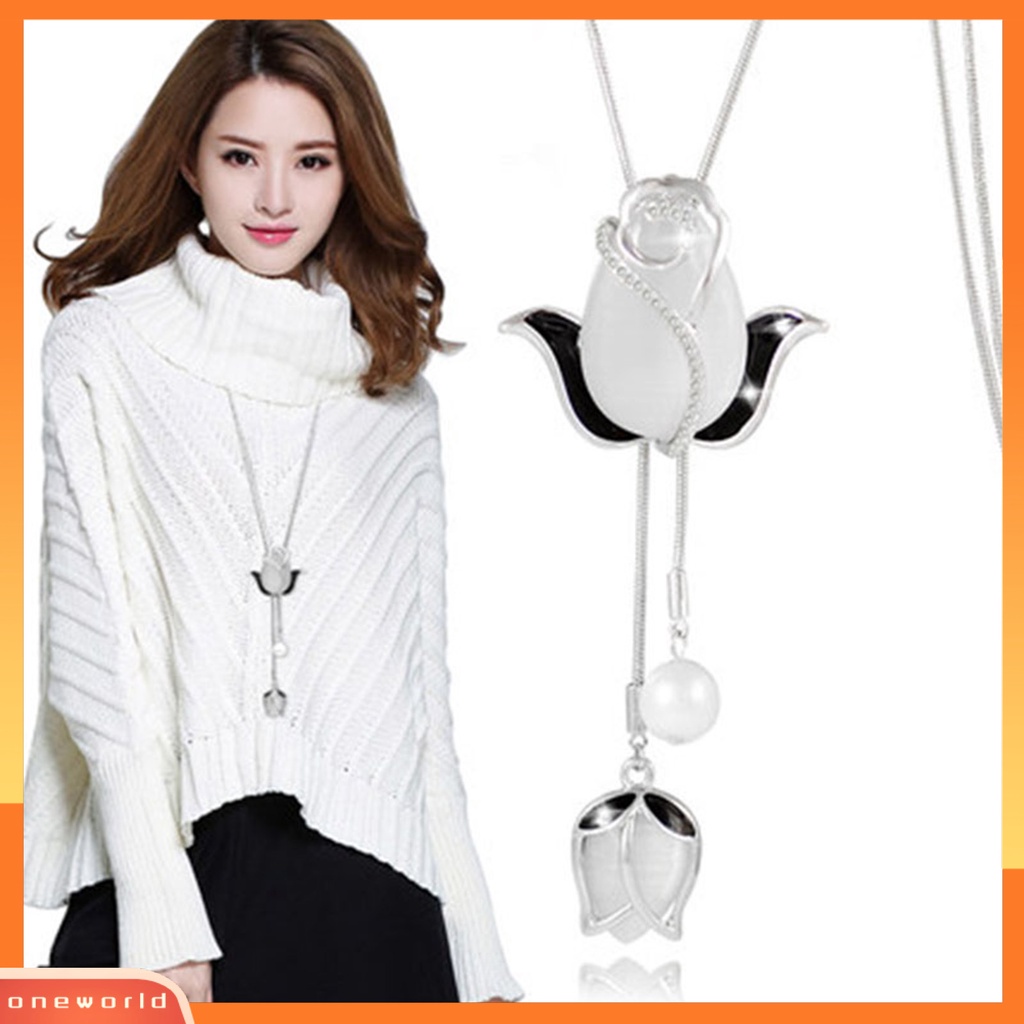 [EONE] Wanita Kalung Berlian Imitasi Bersinar Hias Tulip/Bunga Mawar Angsa/Busur Rumbai Pesona Dress-Up Beberapa Gaya Sweater Panjang Rantai Gaun Pesta Kalung Perhiasan Hadiah